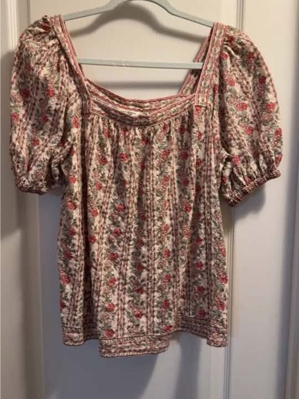 Floral Square-Neck Puff Sleeve Top - Cream & Pink